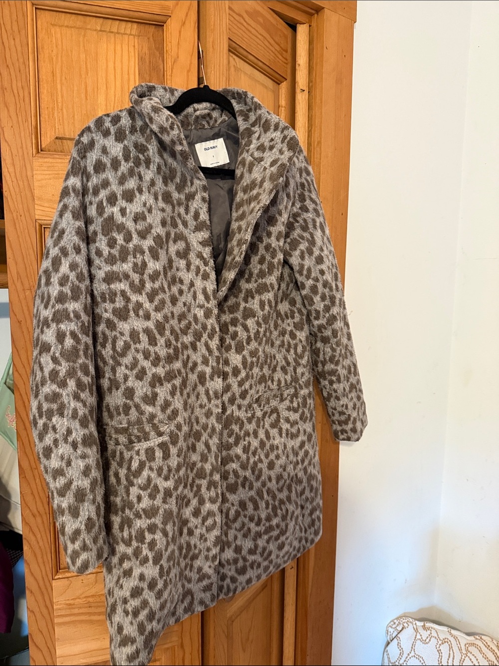 Old Navy Taupe and Gray Leopard Print Pea Coat